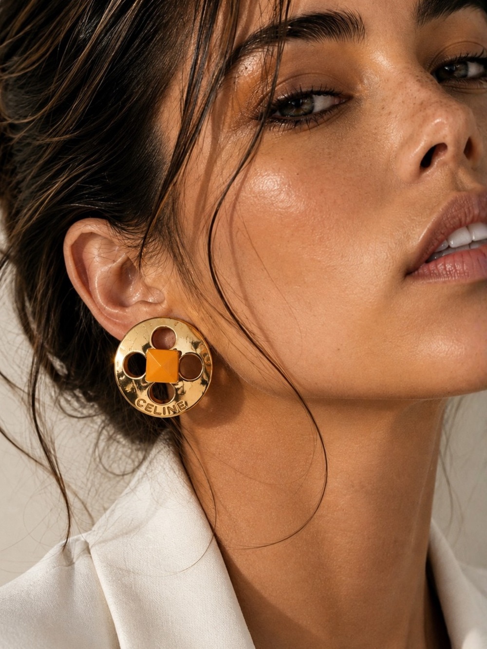 Vintage CELINE Orange Resin Gold Clip On Statement Earrings Rare